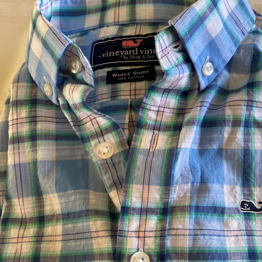 Boys Vineyard Vines plaid whale shirt, medium (12/14)